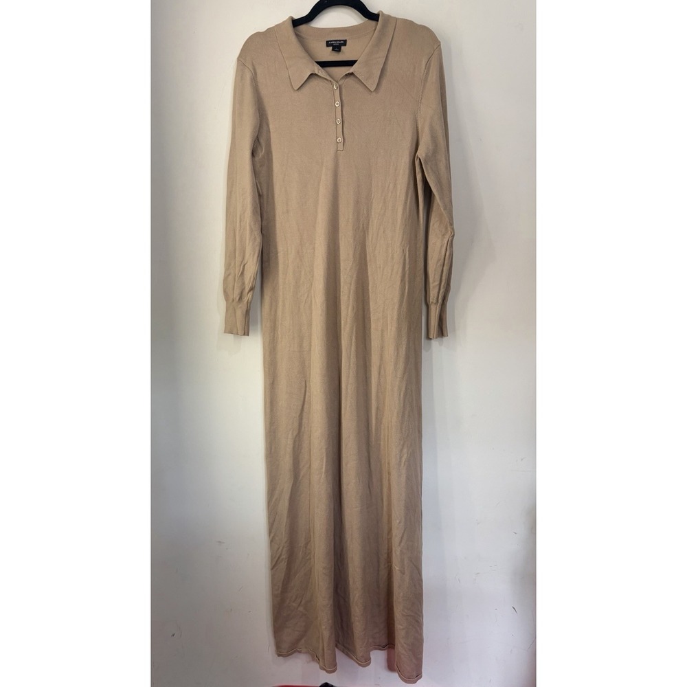 Karen Millen Petite L Maxi Dress Long Sleeve Knit Polo Camel Taupe VERY LONG